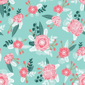 mint and pink floral fabric, girls fabric, sweet fabrics