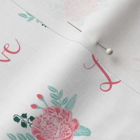 love florals, love, text, words fabric, flowers, peonies, florals, blossoms, blooms, painted flowers