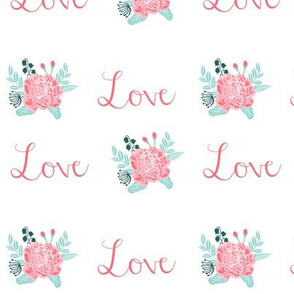 love florals, love, text, words fabric, flowers, peonies, florals, blossoms, blooms, painted flowers