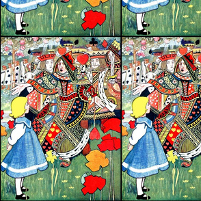 alice wonderland red queens kings soldiers knights playing cards fairy tales clubs spades hearts diamonds roses spades swords gardens houses vintage girls children royalty suits Lewis Carroll