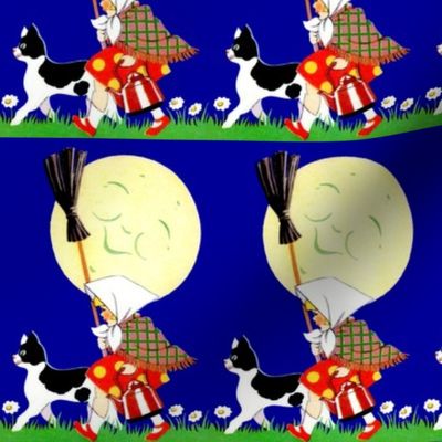 cats moon smiling girls grass flowers daisy daisies brooms kettle checker chequer polka dots stripes Halloween witches inspired vintage children night