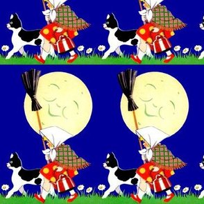 cats moon smiling girls grass flowers daisy daisies brooms kettle checker chequer polka dots stripes Halloween witches inspired vintage children night