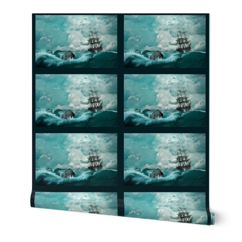 ship and waves panel - tea towel