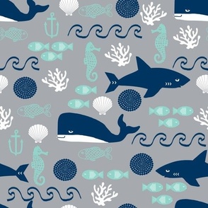nautical ocean shark whale fish ocean mint and grey fabric
