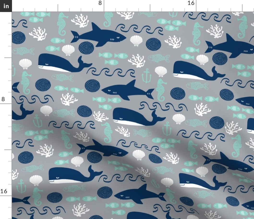 nautical ocean shark whale fish ocean mint and grey fabric