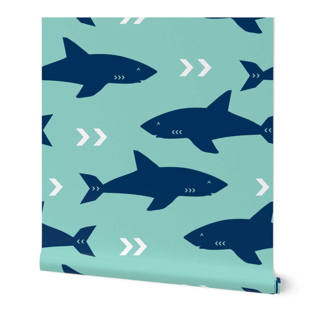 shark navy and mint sharks fabric ocean nautical fabric