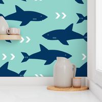 shark navy and mint sharks fabric ocean nautical fabric