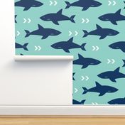 shark navy and mint sharks fabric ocean nautical fabric