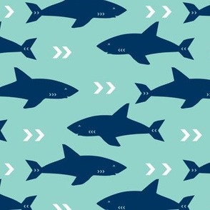 shark navy and mint sharks fabric ocean nautical fabric