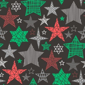 Stars Geometric Holiday Winter Fall Christmas Red Green on Black