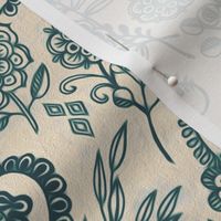 Scattered Flower Doodle Posies in Dark Green on Cream