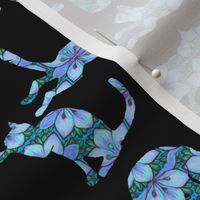 Blue Floral Cats on Black
