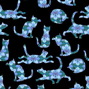 Blue Floral Cats on Black