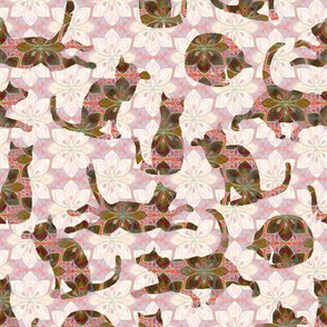 Green and Pink Floral Cats on Pink Flowers