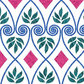 Minoan-favorite-textile-design-EWBarber-2-batiktextures-trueblue-cherryred-forestgreen-WHITE