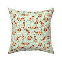 Red Orange Floral Cats on Mint Green Flowers