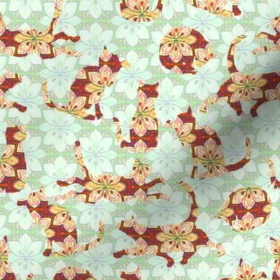 Red Orange Floral Cats on Mint Green Flowers