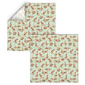 Red Orange Floral Cats on Mint Green Flowers