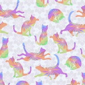 Pastel Rainbow Cats on pale Flowers