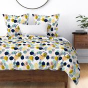 abstract painted dots navy blue peach gold mint fabric