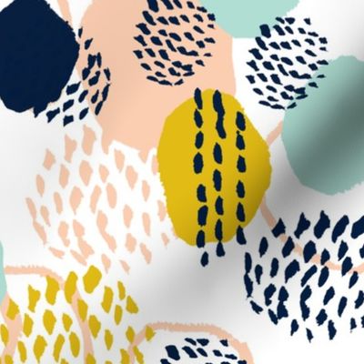 abstract painted dots navy blue peach gold mint fabric