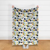 abstract painted dots navy blue peach gold mint fabric