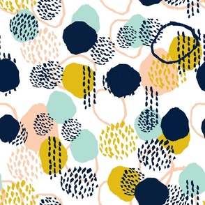 abstract painted dots navy blue peach gold mint fabric