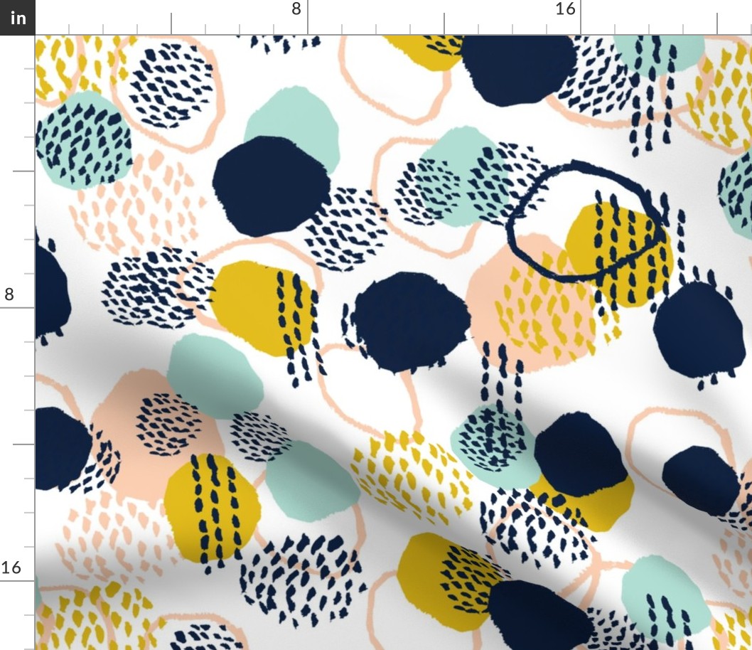 abstract painted dots navy blue peach gold mint fabric