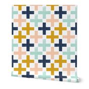 plus swiss cross navy blue mint peach gold fabric swiss cross fabric nursery fabric trendy nursery design