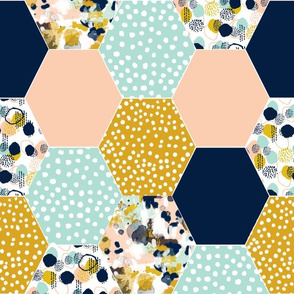 hexagon quilt top cheater quilt hexagon abstract hexies cheater quilt crib sheet fabric navy blue mint blush