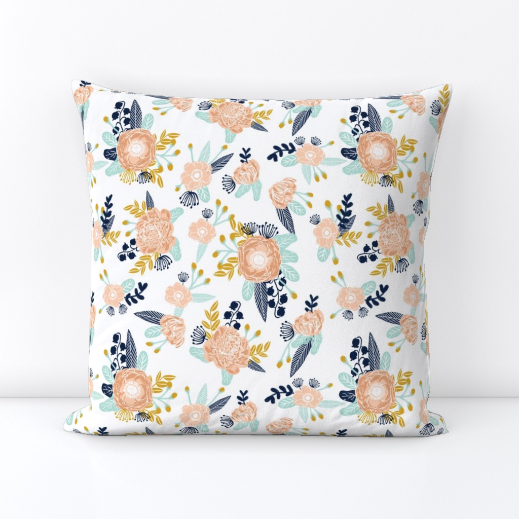 florals peach navy blue mint gold flowers painted floral painted flowers fabric nursery floral fabric