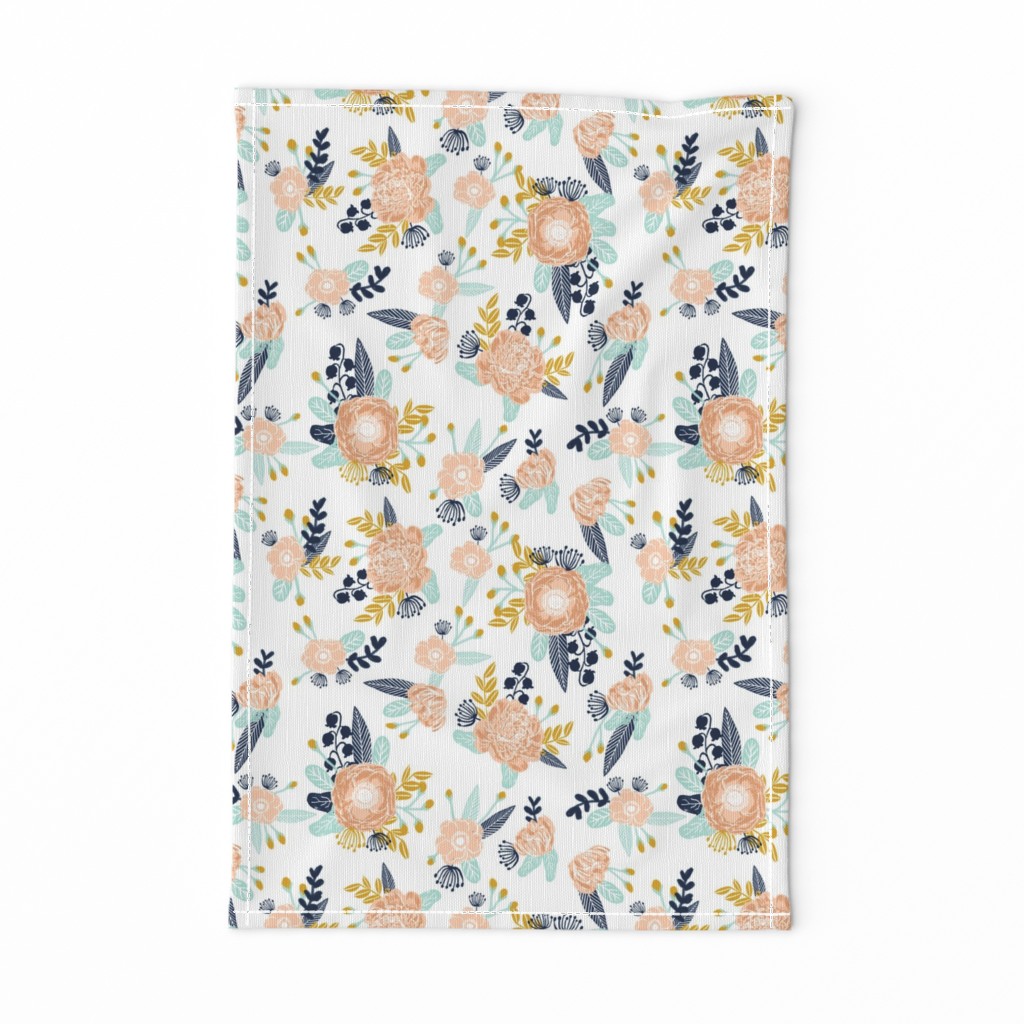 florals peach navy blue mint gold flowers painted floral painted flowers fabric nursery floral fabric