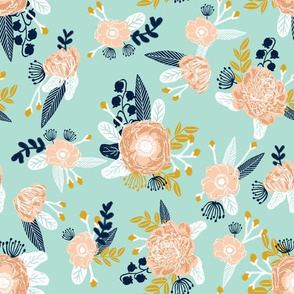 mint florals fabric nursery fabric les fleurs fabric flowers fabric flower fabric mint peach gold navy blue fabrics