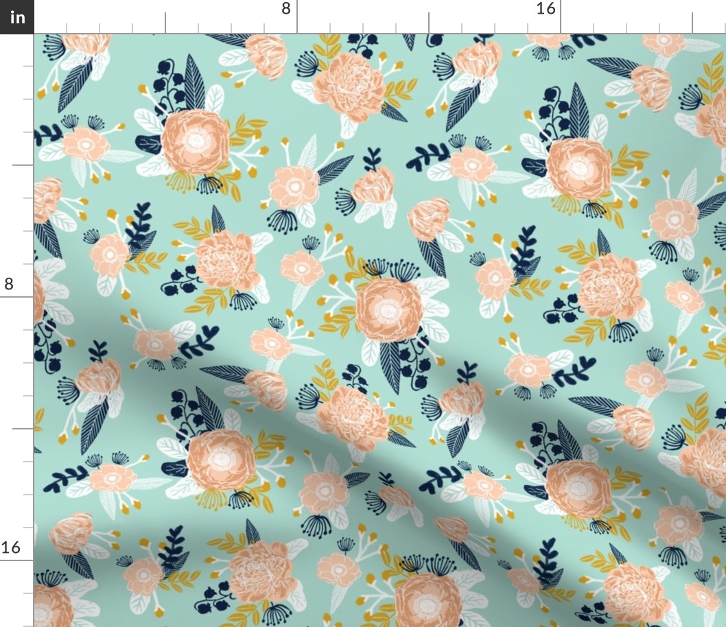 mint florals fabric nursery fabric les fleurs fabric flowers fabric flower fabric mint peach gold navy blue fabrics