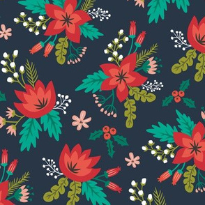 Vintage Christmas Holiday Flowers Floral on Navy Blue