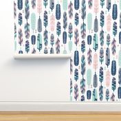 feathers feather fabric mint pink and navy feather fabric boho fabric nursery baby cute fabric