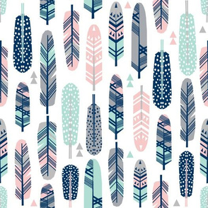 feathers feather fabric mint pink and navy feather fabric boho fabric nursery baby cute fabric