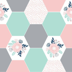 hexagon quilt top cute hexies mint and pink grey floral hexie hexie cheater fabric girls baby fabric