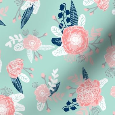 pink and mint florals baby girls nursery baby fabric cute fabric for girls navy blue mint and pink fabric