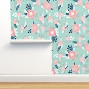 pink and mint florals baby girls nursery baby fabric cute fabric for girls navy blue mint and pink fabric