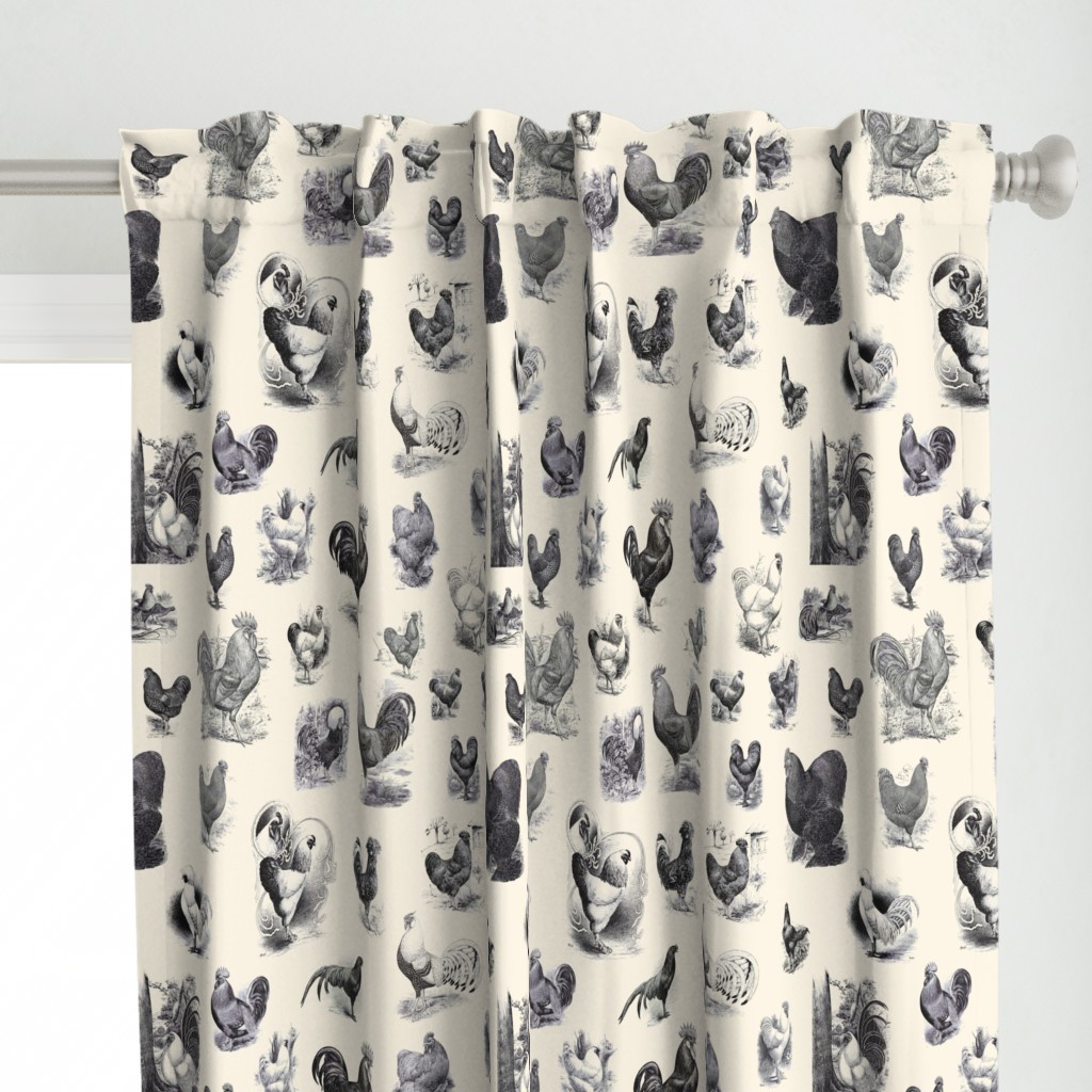 Rooster Strut Cream Black Toile Curtain Panel | Spoonflower
