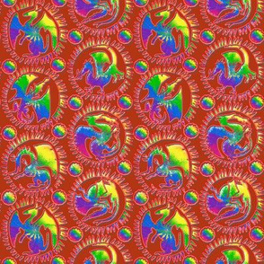 Sponge Painted Rainbow Dragons on Red