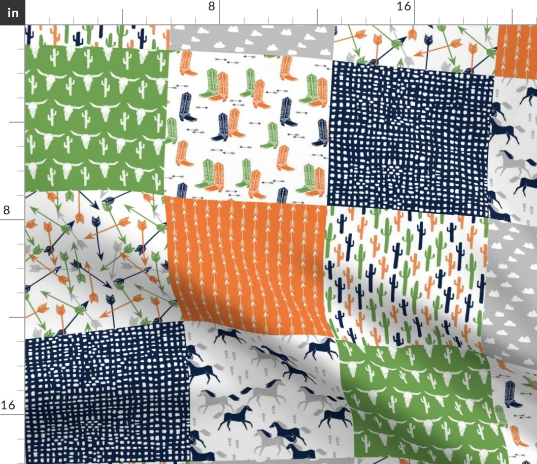 boys cheater quilt // green moss green orange navy cactus arrows horse western kids 