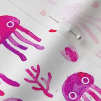 watercolor under water ocean life jelly fish and coral squid pink white