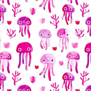 watercolor under water ocean life jelly fish and coral squid pink white