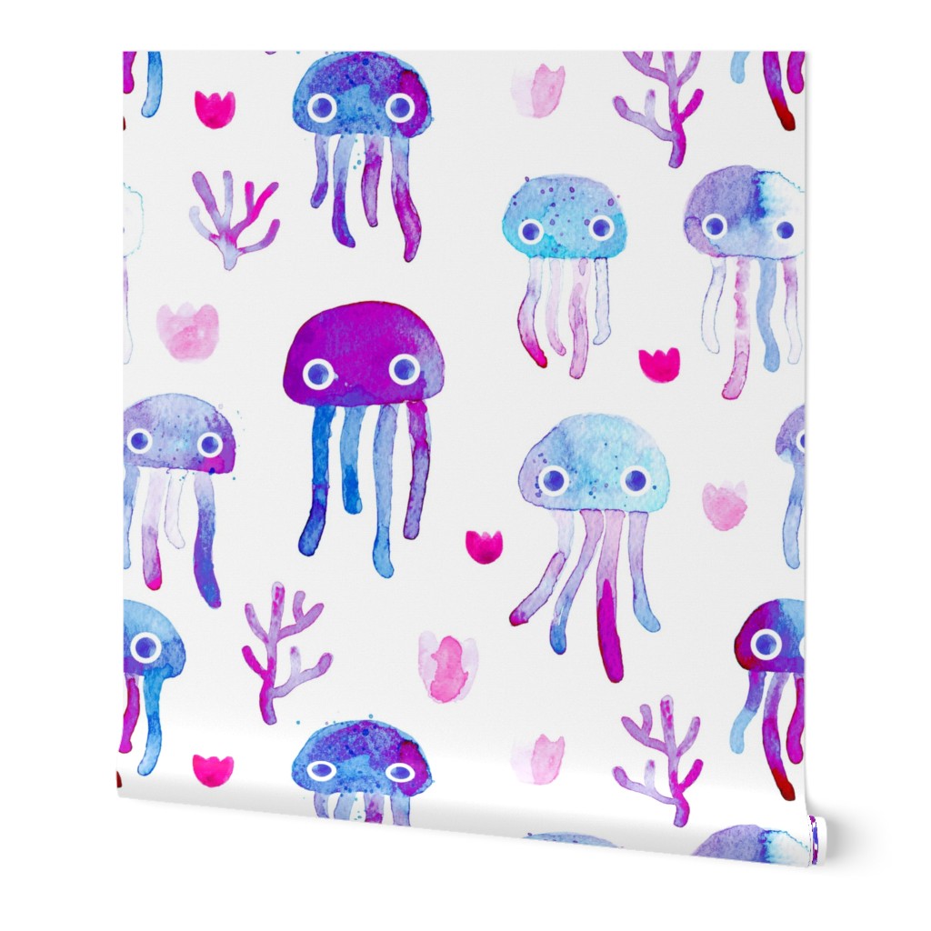 watercolor under water ocean life jelly fish and coral squid blue white