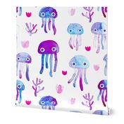 watercolor under water ocean life jelly fish and coral squid blue white