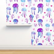 watercolor under water ocean life jelly fish and coral squid blue white