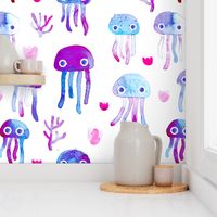 watercolor under water ocean life jelly fish and coral squid blue white