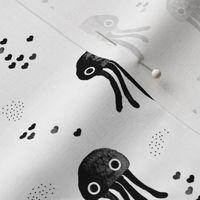 watercolor under water ocean life jelly fish and coral squid black and white